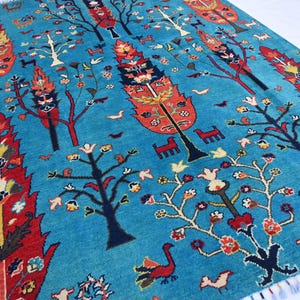 Blue Pictorial Rug 5x7 Afghan Handmade Wool Rug- Multi Tree of life Rug- Turkmen Art Rug- Kids Room Rug- Living Room Rug- Oriental Area Rug