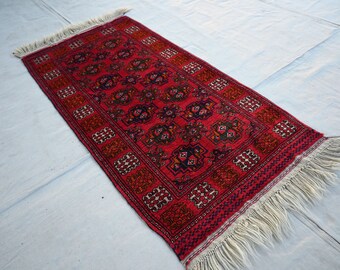 Afghan Antique Area Rug 2x4 Handmade Wool Rug- Tribal Red Area Rug- Bedroom Rug- Turkmen Bukhara Rug- Office Rug- Kitchen Rug