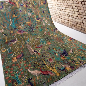 Green Rug 7x10 Hand Knotted Area Rug- Birds Peacocks Pictorial Rug- Tree of life Rug- Best for Kids Room- Bedroom- Yellow Navy Orange White