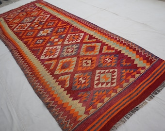 4'1x10'6 ft Runner Rug- Afghan Kilim Rug- Handmade Wool Flatweave - Natural Veg dyes Blue Yellow Red - Bedroom Kitchen Rug- Hallway Rug 4x11