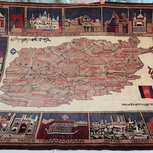 Alfombra pictórica hecha a mano con mapa de Afganistán de 4'6 x 6'4 pies Alfombra tribal turcomana - Alfombra vintage oriental - Alfombra única - Alfombra de área 100 % lana de 4 x 6