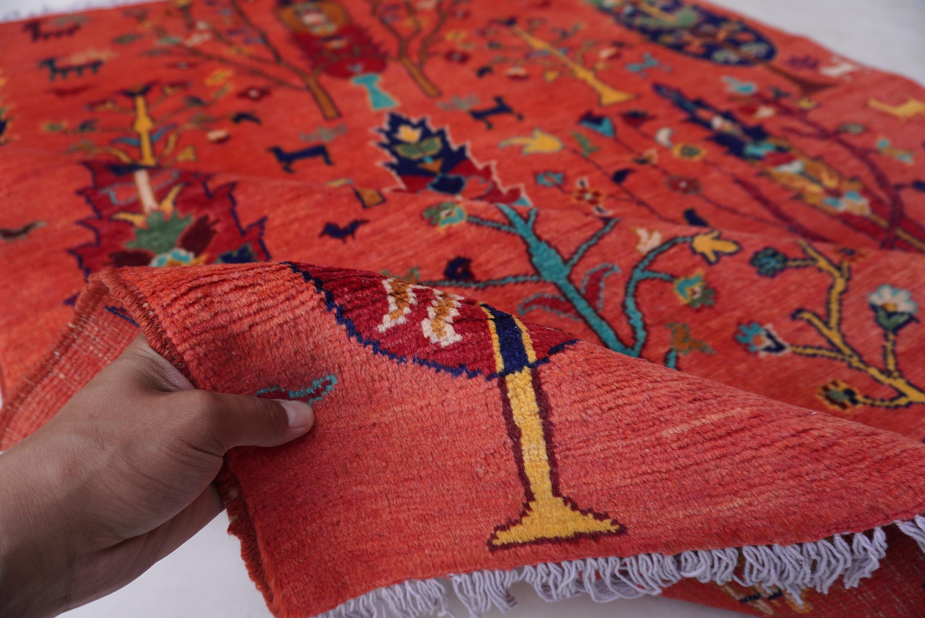 5x7 オレンジ ピクトリアルラグ - 生命の樹ラグ - アフガニスタン