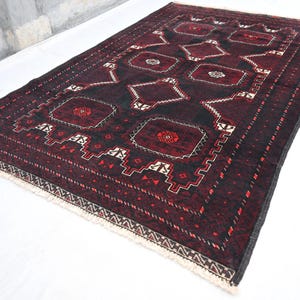 Afghan Vintage Rug 4x6 Geometric Baluchi Rug- Handmade Fine Wool Turkmen Sarique Design 1960s Antique Oriental Tribal Area rug- Bedroom Rug
