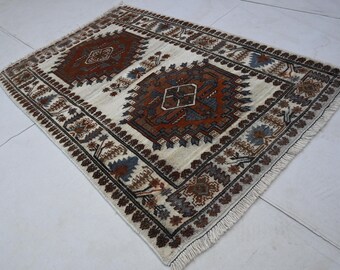 3x5 Afghan Antique Rug- Turkman Baluchi Rug- Handmade Wool Rug- Trible Rug- Bedroom Rug- Office Rug- 1960s Vintage White Rug 110x140 cm Rug