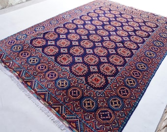 Navy Blue Afghan Rug 7x10 ft Hand Knotted Wool Rug- Geometric Sarique rug- Oriental Rug- Turkmen Tribal Rug- Living Room Rug- Home decor rug