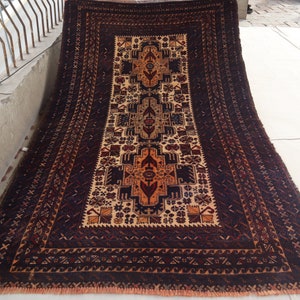 3&#39;10x6&#39;2 ft Afghan Rug- Handmade Wool Rug- Vintage Rug- Turkmen Tribal Geometric Baluchi Rug- Oriental Rug- Bedroom Rug- Office- Kitchen Rug