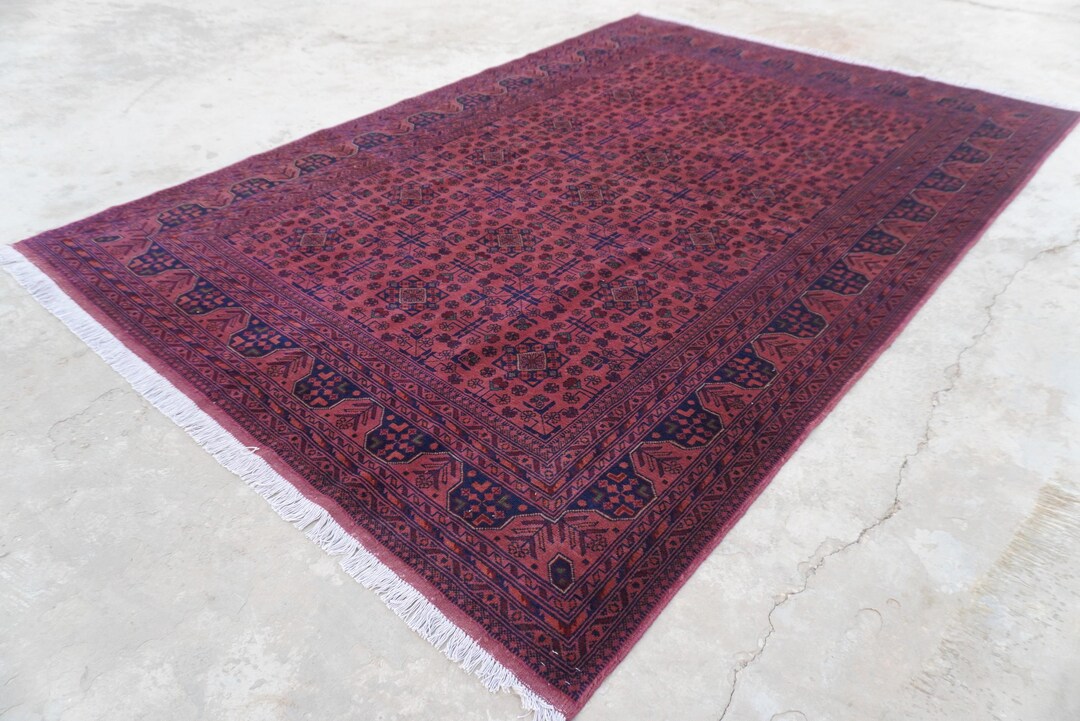 Large Dark Pink 6x8 Afghan Hand Knotted Wool Vintage Pattern Turkmen ...