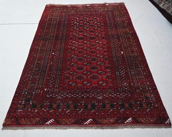 4x6 Afghaans vintage tapijt - Turkmeens Mowri tapijt - Handgeknoopt wollen vloerkleed - Rood zachtpolig boho tapijt - Slaapkamer tapijt - Woonkamer tapijt - Keukentapijt