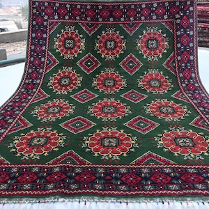 Green Patnoos Gull Rug- 5x7 Hand Knotted Afghan Tribal Rug- Fine Turkmen Wool Rug- Vintage Pattern Oriental Rug- Bedroom Rug Living Room Rug