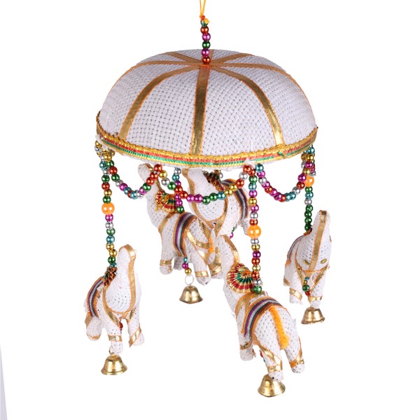 5 White Elephants Indian Wall Hangings Wall Decor Handmade Umbrella Shape Decoration Window Hanging, White Elephant Wedding Door Hanging