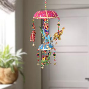 Rajasthani Strings Hanging Decorations Red & Blue Elephant Bell Door Hanging, Elephant Wind Chime Door Wall Art Hanging for Home Decoration
