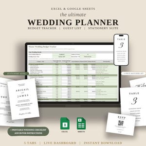 Op de afbeelding: Een digitale trouwplanner voor Excel en Google Sheets met een budgettracker, gastenlijst en briefpapier-set. Het scherm toont een spreadsheet met financiële gegevens, naast gedrukte trouwkaarten, tafelkaartjes en een RSVP-kaart.
