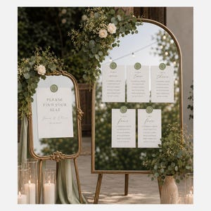Sage Green Wedding Seating Chart Template, Editable Table Number & Find Your Seat Sign, Greenery Wedding Decor, Canva Printable