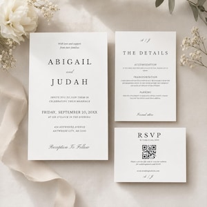 Wedding Invitation Suite Template, Elegant Minimalist Wedding Invite Set with QR Code RSVP, Editable Canva Template, Printable Bundle