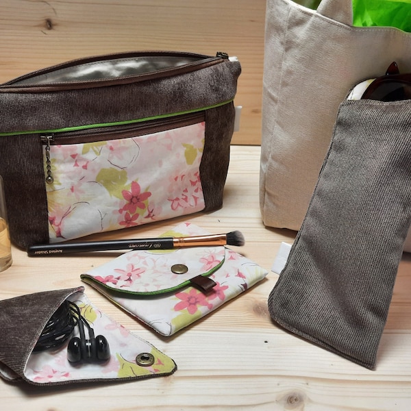 Lot unique de 4 accessoires fait main vert kiwi, rose poudré et marron glacé, motif fleurs original à offrir