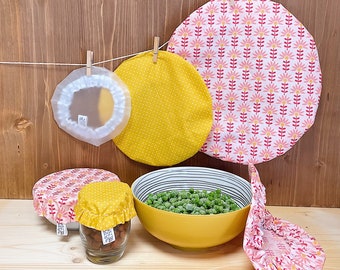 Lots de 3, 5 ou 7 charlottes rondes couvre plats contact alimentaire coton enduit lavable, plusieurs dimensions, zéro déchet