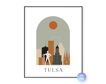 Tulsa skyline Bohemian Print. Tulsa OK Boho sun city arc. Mid century modern decor. Modern Home Decor. Instant Download. jpg, png
