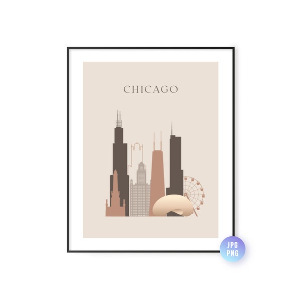 Chicago skyline print Boho style. Chicago Illinois downloadable art. Travel Artwork. Boho print. Modern city print. jpg, png