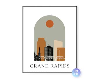 Grand Rapids skyline Bohemian Print. Grand Rapids Boho sun city arc. Mid century modern decor. Modern Home Decor. Instant Download. jpg, png