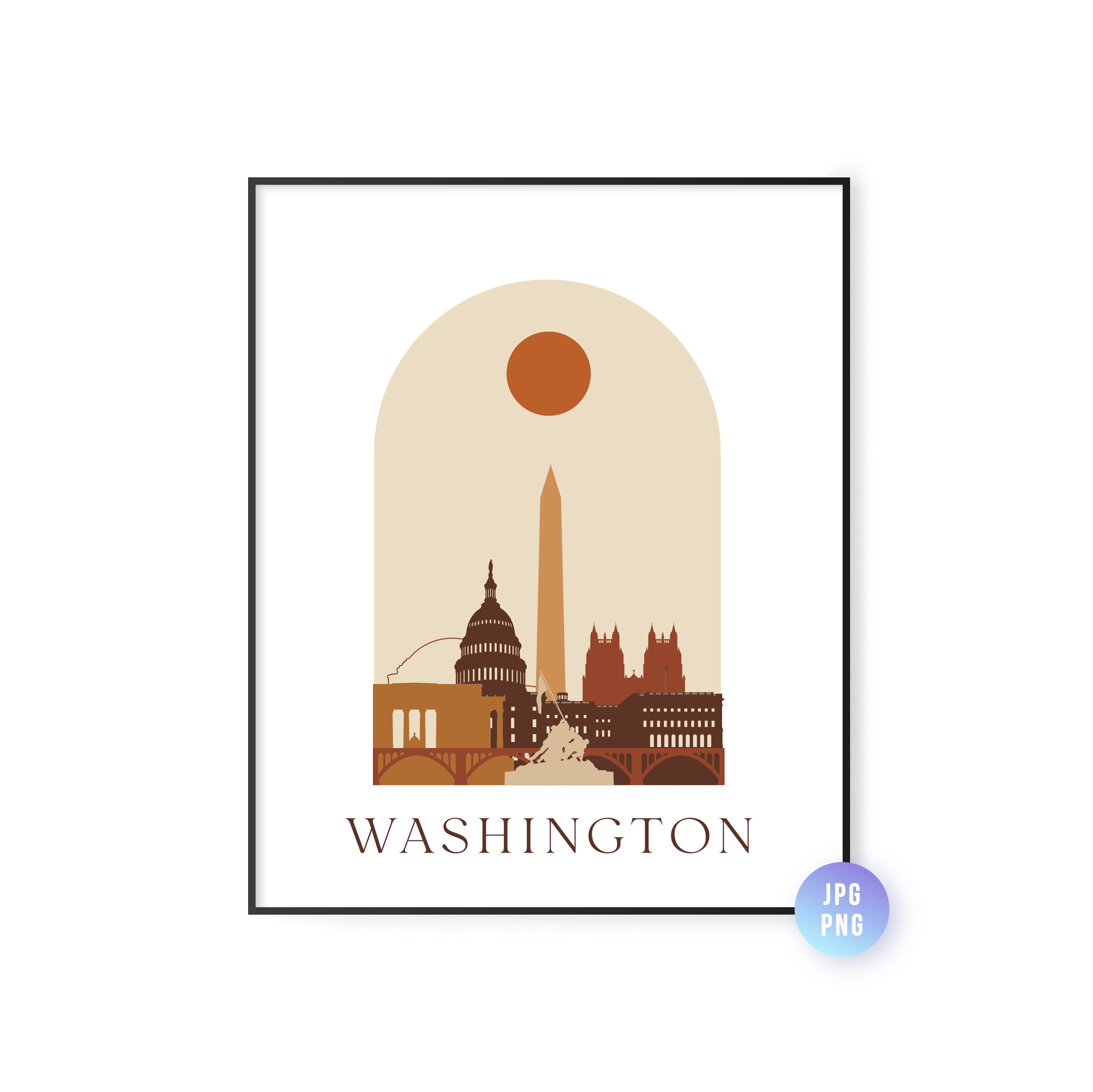 Washington DC skyline print. Archway Boho sun wall art. Boho Washington skyline poster. Instant download.Bohemian art. Natural colors print.