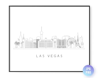 Könnte beinhalten: Eine Schwarzweiß-Zeichnung der Skyline von Las Vegas mit ikonischen Gebäuden wie dem Stratosphere Tower, dem Bellagio und der Nachbildung des Eiffelturms. Der Text "LAS VEGAS" steht unter der Skyline.