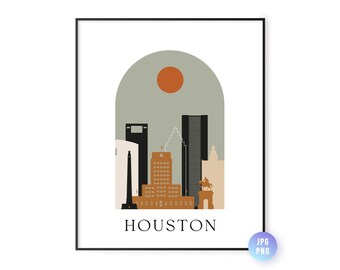 Houston skyline Bohemian Print. Houston TX Boho sun city arc. Mid century modern decor. Modern Home Decor. Instant Download. jpg, png