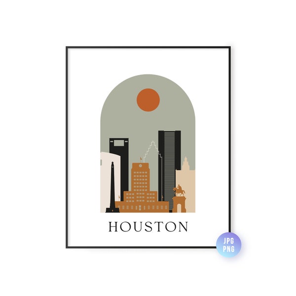 Houston skyline Bohemian Print. Houston TX Boho sun city arc. Mid century modern decor. Modern Home Decor. Instant Download. jpg, png