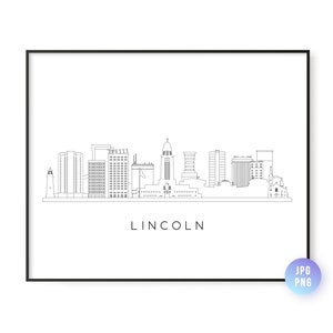 May include: A black and white line art illustration of the Lincoln, Nebraska skyline. The illustration features several buildings, including the State Capitol building. The text "LINCOLN" is printed below the skyline.