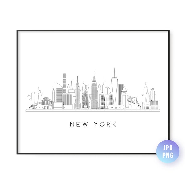 New York Skyline Print. New York City Skyline line art. Instant Download. Printable wall art. Digital Download. Downloadable art. jpg, png