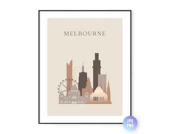 Melbourne skyline print Boho style. Melbourne downloadable art. Travel Artwork. Boho print. Modern city print. jpg, png