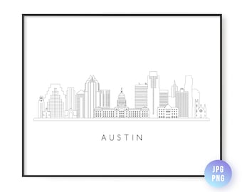 Peut inclure: Un dessin au trait noir et blanc de l'horizon d'Austin, au Texas. L'horizon comprend le Capitole de l'État du Texas et d'autres bâtiments importants. Le texte "AUSTIN" est écrit sous l'horizon.