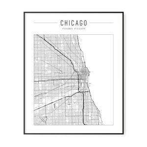 Chicago Stadskaart Afdrukbare kunst aan de muur. Kaart van Chicago. Moderne minimalistische kaartafdruk. Zwart-wit ontwerp. Chicago Coördinaten. jpg, png