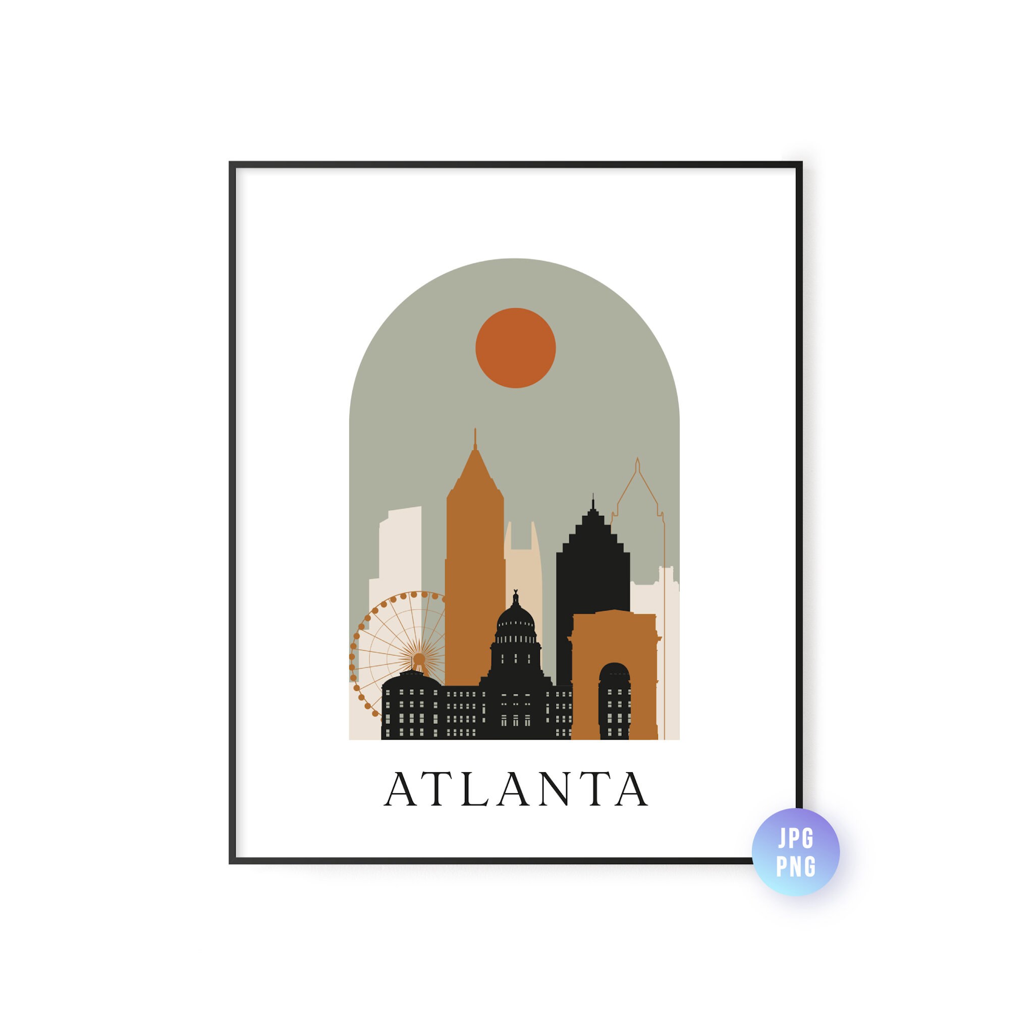 Atlanta skyline Bohemian Print. Atlanta Boho sun city arc. Mid century modern decor. Modern Home Decor. Instant Download. jpg, png