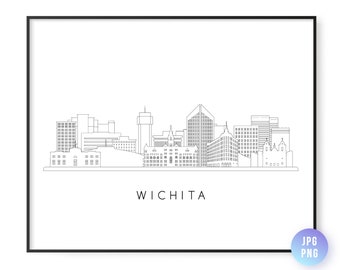 Stampa dell'orizzonte di Wichita. Wichita, Kansas City Skyline line art. Download istantaneo. Arte muraria. Download digitale. Arte scaricabile. jpg, png