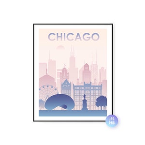 Chicago City Skyline. Chicago IL printable wall art Pastel Colors. Landscape with sun. Summer city skyline. Instant Download. jpg, png
