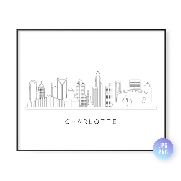 Charlotte Skyline Print. Charlotte City Skyline line art. Instant Download. Printable wall art. Digital Download. Downloadable art. jpg, png