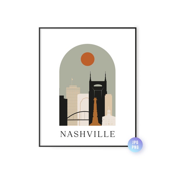 Nashville skyline Bohemian Print. Nashville Boho sun city arc. Mid century modern decor. Modern Home Decor. Instant Download. jpg, png