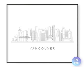 Impresión del horizonte de Vancouver. Arte lineal del horizonte de la ciudad de Vancouver. Descarga instantánea. Arte mural imprimible. Descarga digital. Arte descargable. JPG, PNG.