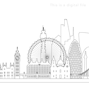 May include: Black and white line art illustration of the London skyline, featuring iconic landmarks like Big Ben, the London Eye, and the Shard.