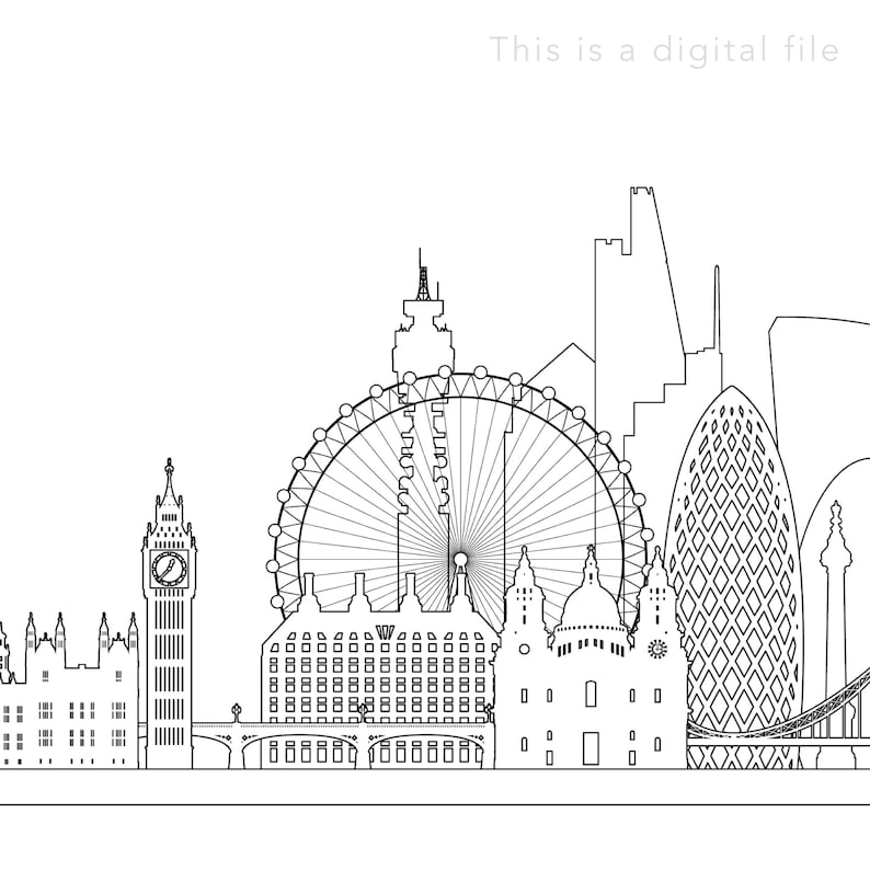 May include: Black and white line art illustration of the London skyline, featuring iconic landmarks like Big Ben, the London Eye, and the Shard.