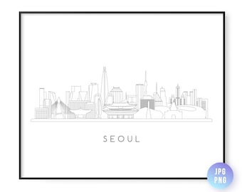 Impresión del horizonte de Seúl. Arte de la línea del horizonte de la ciudad de Seúl, Corea del Sur. Descarga instantánea. Mural. Descarga digital. Arte descargable. jpg, png