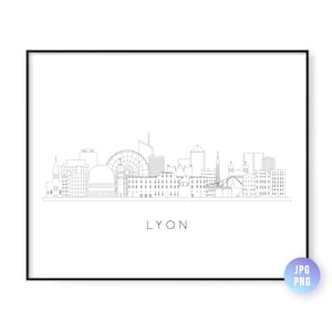 May include: A black and white line art illustration of the Lyon skyline, featuring prominent buildings and a Ferris wheel. The city name "LYON" is written below the skyline.
