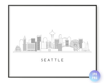 May include: A black and white line art illustration of the Seattle skyline, including the Space Needle, the Ferris wheel, and other buildings. The text "SEATTLE" is below the skyline.