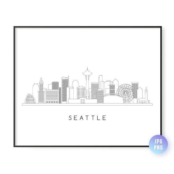 Seattle Skyline Print. Seattle City Skyline line art. Instant Download. Printable wall art. Digital Download. Downloadable art. jpg, png