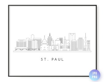 Puede incluir: Impresión enmarcada en negro con un dibujo lineal minimalista del horizonte de St. Paul, Minnesota. La obra de arte es en blanco y negro, con los edificios y estructuras de la ciudad representados en un estilo sencillo y elegante. El nombre de la ciudad está impreso debajo.
