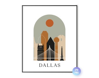 Dallas skyline Bohemian Print. Dallas Boho sun city arc. Mid century modern decor. Modern Home Decor. Instant Download. jpg, png