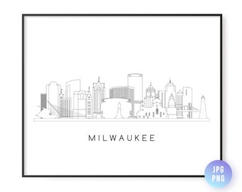 May include: A black and white line art illustration of the Milwaukee skyline. The illustration includes several buildings, including the Milwaukee Art Museum, the Cathedral of St. John the Evangelist, and the US Bank Center. The text "MILWAUKEE" is printed below the skyline.