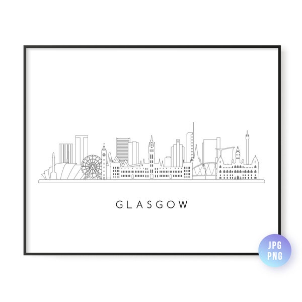 Glasgow Skyline Print. Glasgow City UK Skyline line art. Instant Download. Printable wall art. Digital Download. Downloadable art. jpg, png