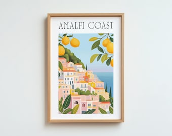 Amalfi Coast Digital Art Print, Italy Travel Poster, Mediterranean Wall Decor, Colorful Coastal Landscape, Lemon Art, Printable Artwork.