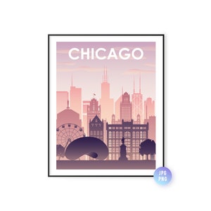 Chicago City Skyline Print. Sunset Chicago Skyline Poster. Digital City Print. Downloadable art. Instant Download. jpg, png